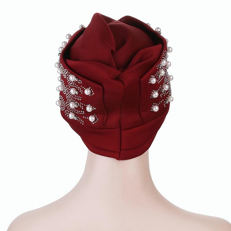 Women's Solid Color Hot Drilling Pearl Turban Hat Cap Head Hat Accessories