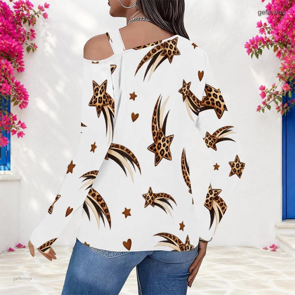 Women Plus Size Asymmetric Cutout Neck Cold Shoulder Long Sleeve Leopard Moth Print White Fitted Top