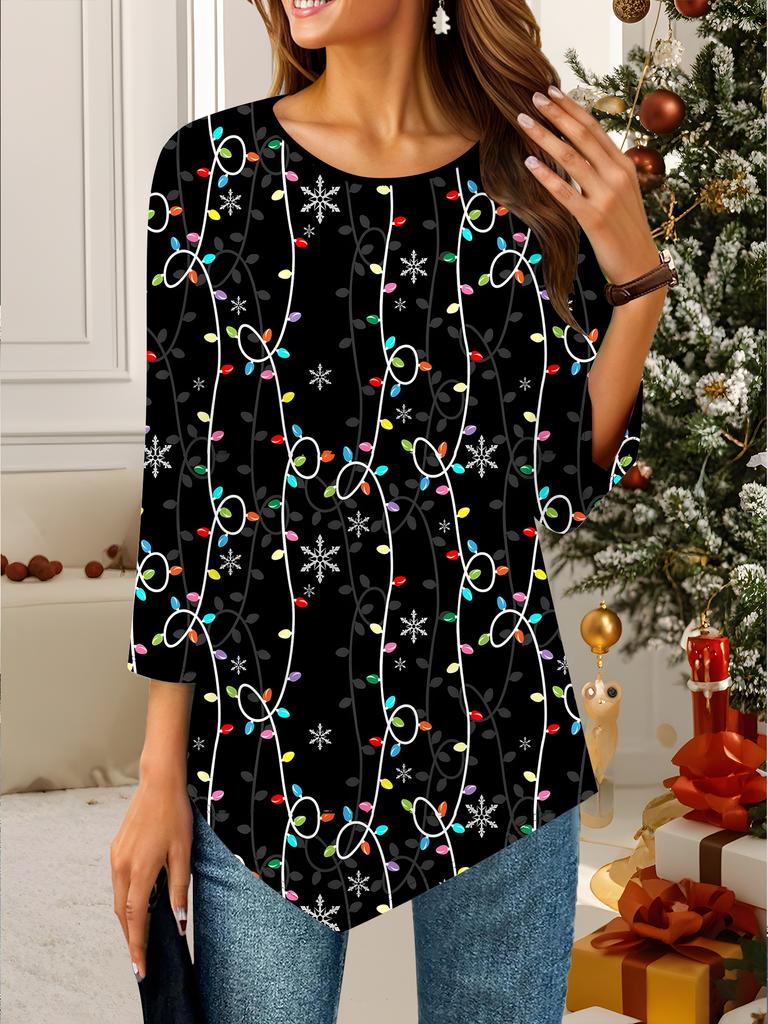 Women's Loose Round Neck Three Quarter Sleeve Tee 3D Christmas Pattern Ideal Halloween and Christmas Gift