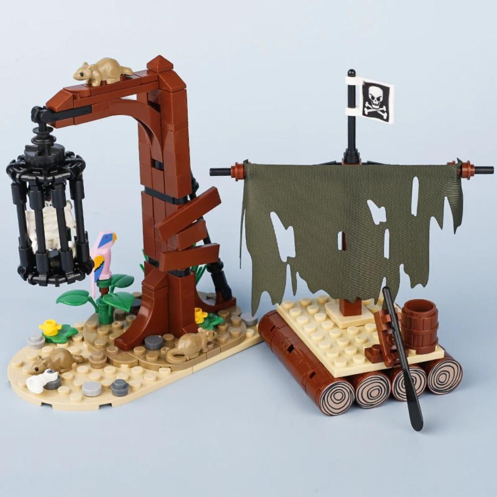 MOC Mittelalterliche Piratenbar Modellbausteine Set Papagei Blockhütte Inselhaus Lagerfeuer Baum Segelboot Schiff Steine Spielzeug Geschenk
