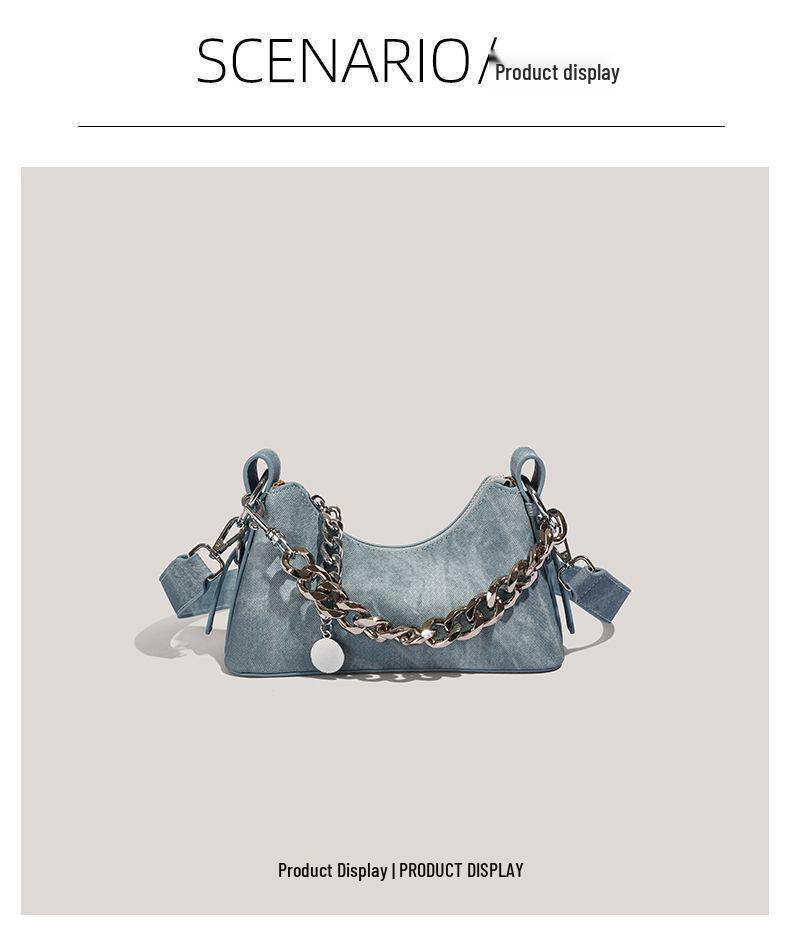 2025 Autumn/Winter Vintage Denim Chain Crossbody Baguette Bag