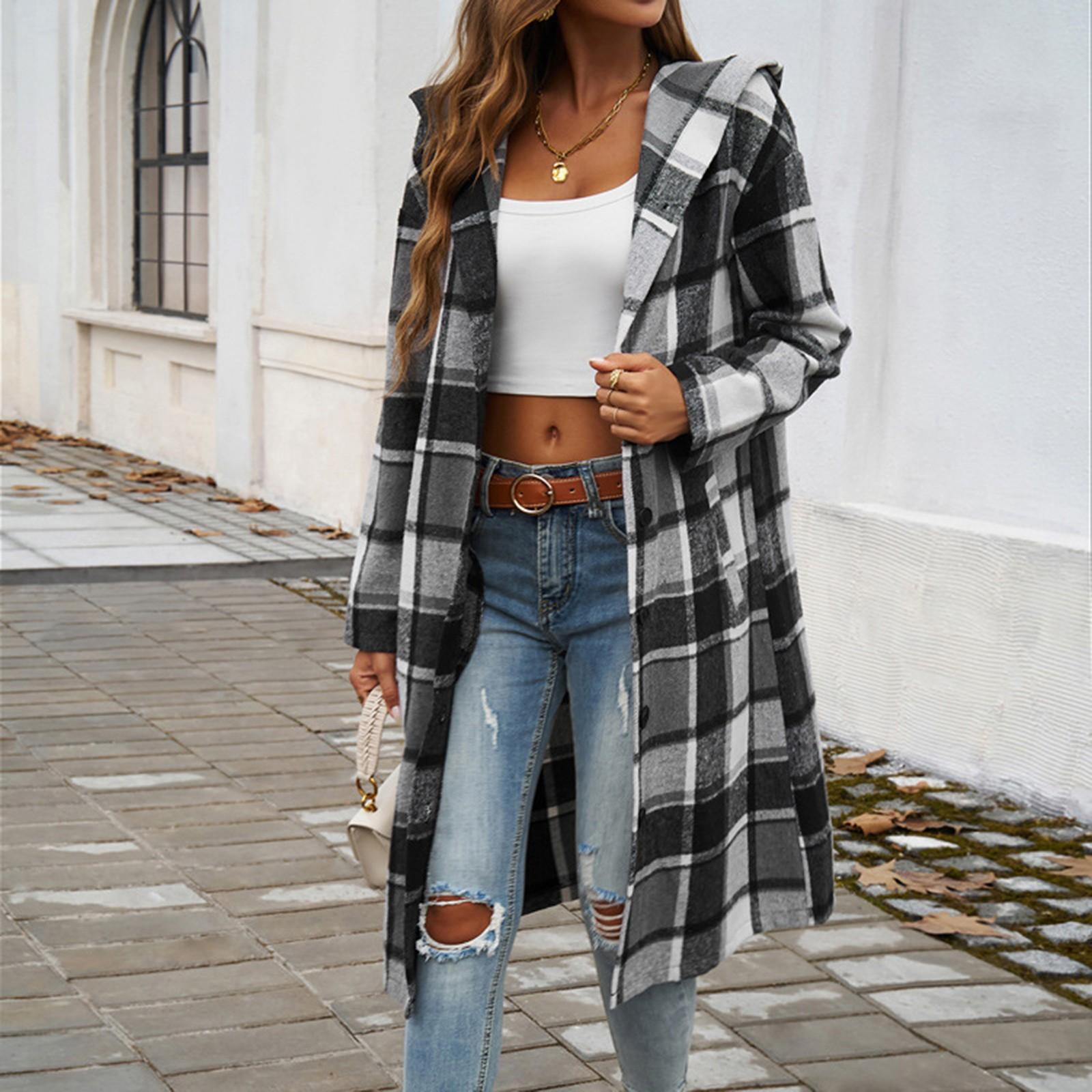 

Women s Casual Fashion Comfortable Leisure Loose Contrast Color Buttoned Hooded Jacket L чорний