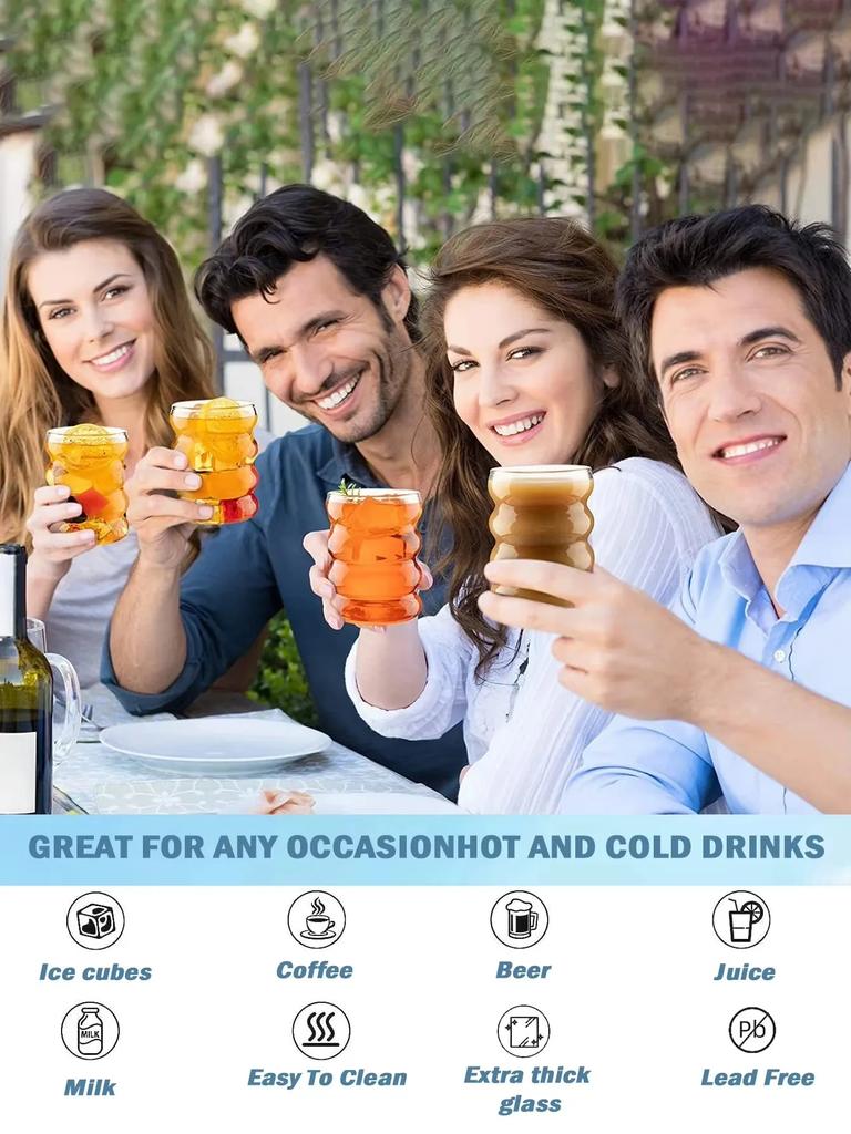 2/4 Stück Wellenform Getränkegläser mit Strohhalmen Vintage Glasbecher Riffelglas Trinkgläser für Wein Champagner Kaffeebecher