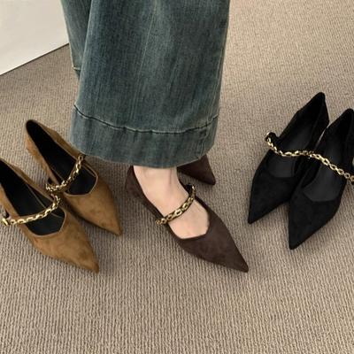 Retro Niche Chain Word with Shallow Mouth Pointed Head Suede Mary Jane Shoes Commuter Low Heel Evening Wind Single Shoes