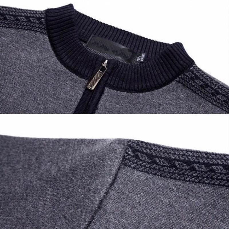 Men's Crew Neck Sweater Autumn Winter Plus Velvet Thick Warmth Pullover Knitted Striped Half Zipper Bottoming Shirt Middle-aged and Elderly Underwear