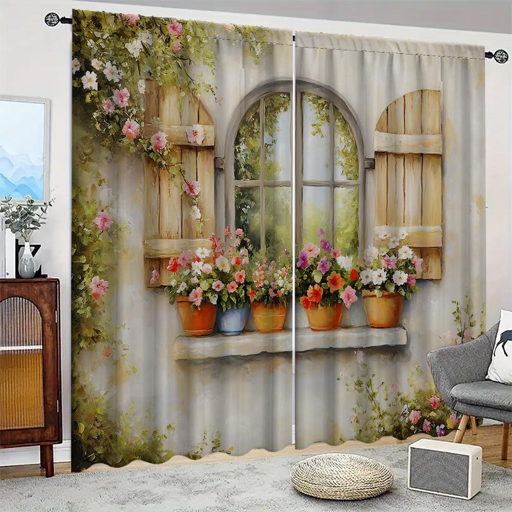 2 Stück Heim Nostalgische Landschaft Vorhänge Mit Landschaftshintergrund Und Stangentaschenvorhängen, Küche, Café, Wohnzimmer, Speck