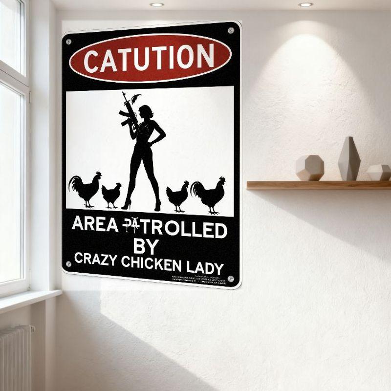 Crazy Chicken Lady Warning Sign Metal Tin Sign, Vintage Style Warning Plaque with Black Background, Red Caution Oval, Woman In H