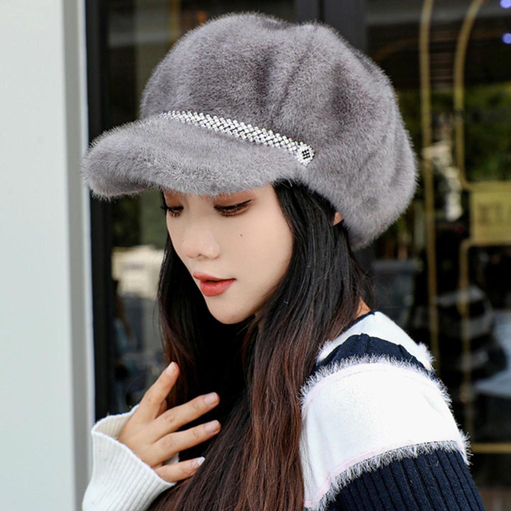 Luxury Faux Mink Fur Beret with Visor for Women, Winter Double Warmth Cotton Lined Hat, Stylish Outdoor Peaked Beret
