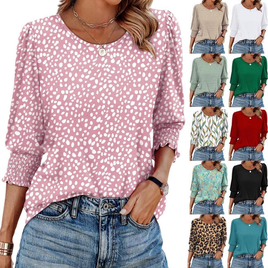 Women's Clothing, Spring, Loose, Casual, Printed, Seven Quarter Sleeves, Round Neck, T-shirt, Top
