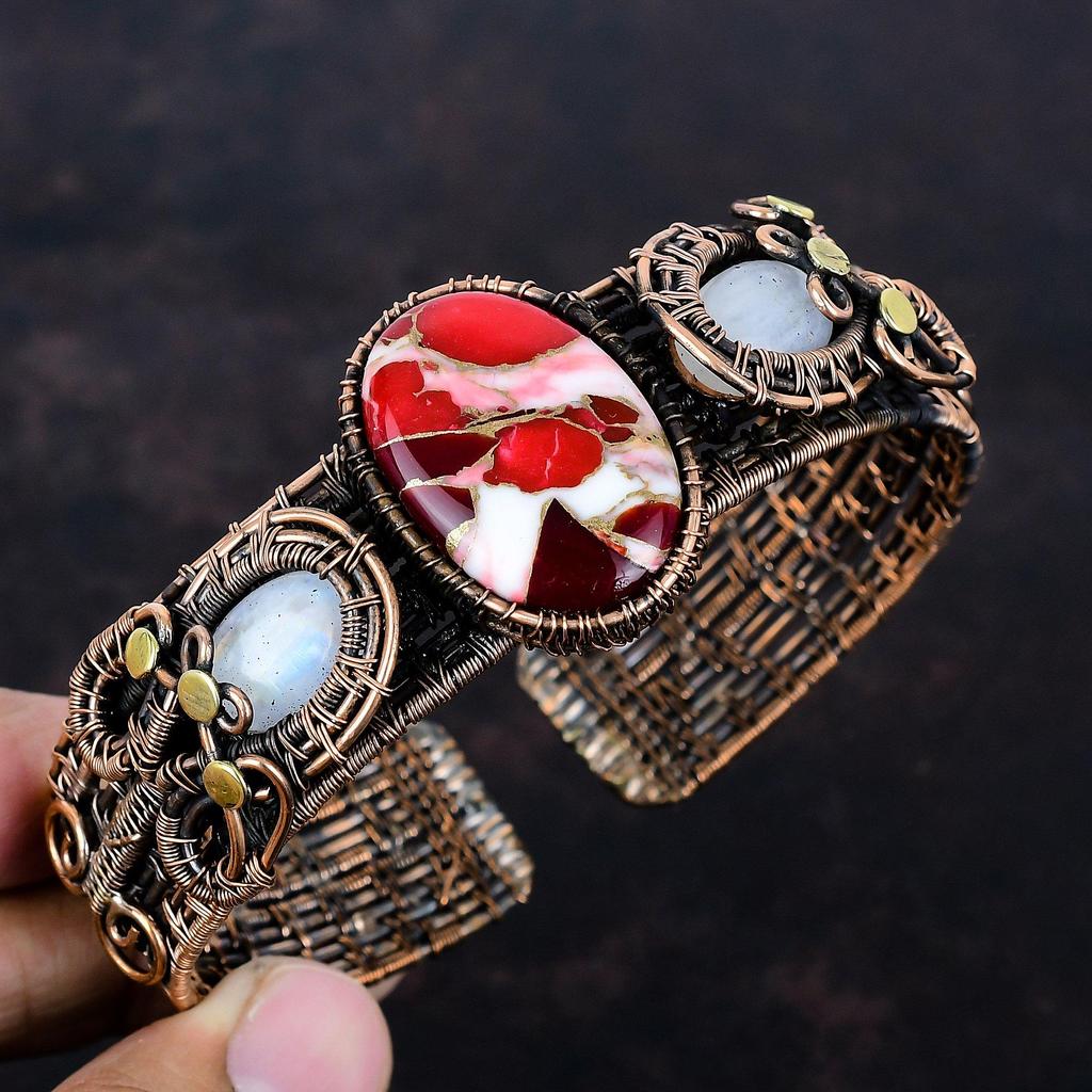 Kingman red mohave copper turquoise cuff bracelet copper wire wrapped adjustable bangle rainbow moonstone gemstone bangle handmade jewelry