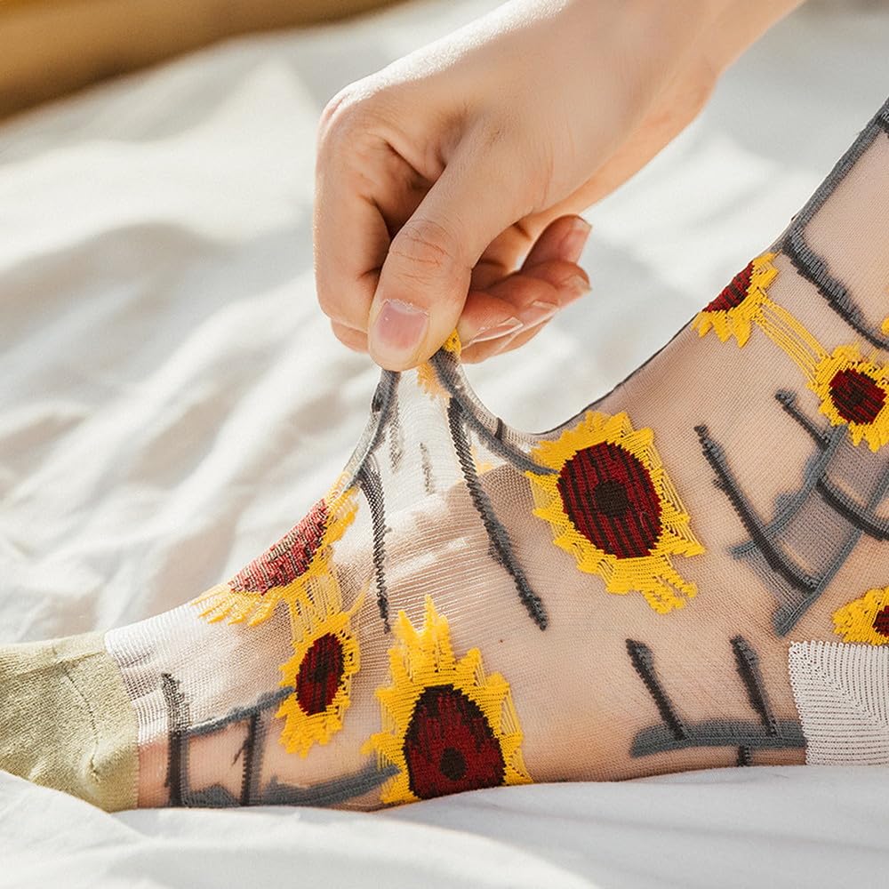 Moin Moin Assortment Teddy Bear Small Floral Product 2407scs16 Socks, 8-Piece Set, Flower, Cat, Bird, Sunflower, White, Black, Red, Green, Lace,