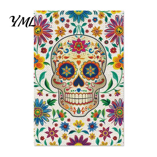 Sugar Skull Yard Ornaments Day of The Dead Garden Flag, 12x18 Inch Floral Decorative Weather Resistant Patio Banners Mexican Gothic Skeleton