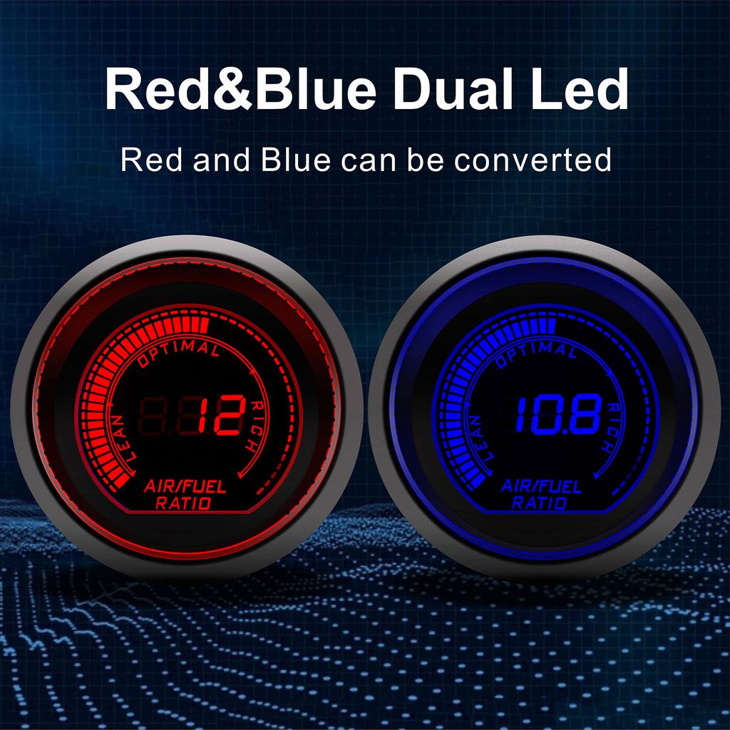 Blue/Red Dual LED Racing Air Fuel Ratio Gauge Kit 52mm AFR Digital Display With Narrowband O2 Oxygen Sensor OE:0258006028 12V