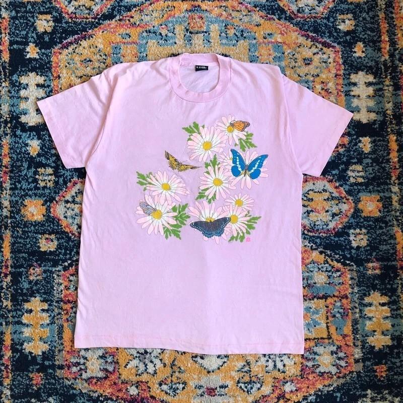 Vintage 90s flowers butterflies pink single stitch graphic print tee L
