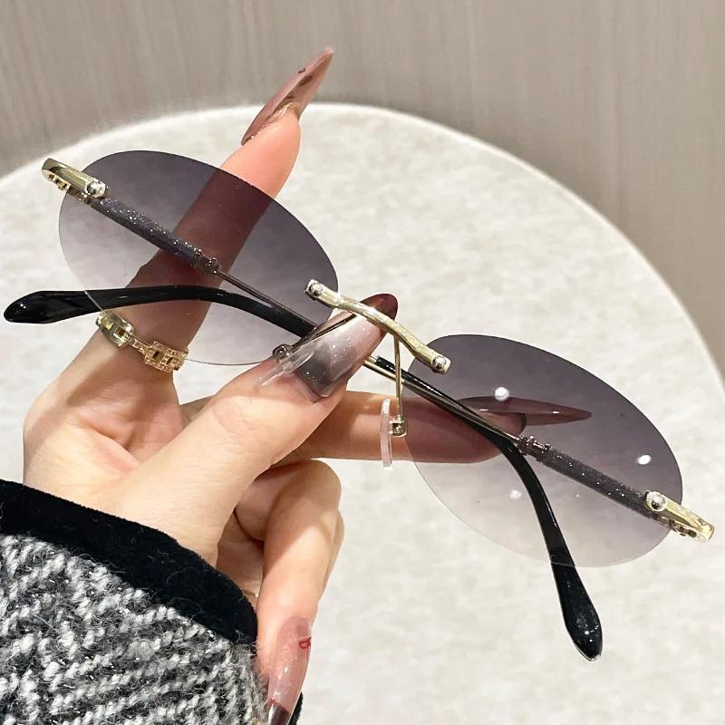 Rimless Oval Sunglasses For Women Men Luxury Brand Eyewear Vintage Round Sun Glasses Ladies Stylish Boundless Shades UV400 Quality