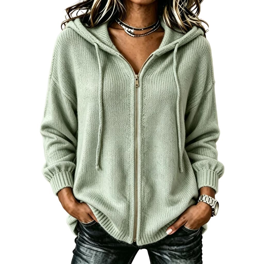 Damen locker sitzender Strick-Cardigan-Pullover mit Reißverschluss und Kapuze für Herbst Winter