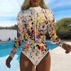 Women Long Sleeve One Piece Swimsuit Zip Front Painted Ink Dyeing Print Rash Guard Surfing Bathing Suit