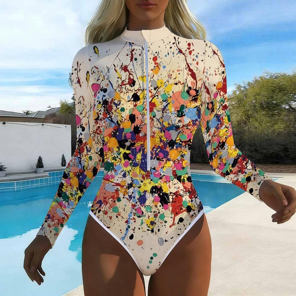 Women Long Sleeve One Piece Swimsuit Zip Front Painted Ink Dyeing Print Rash Guard Surfing Bathing Suit