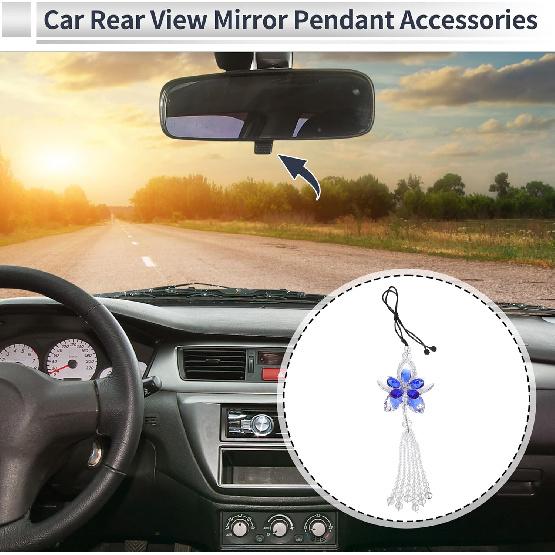 

1 Pcs Artificial Crystal Flower Car Rear View Mirror Pendant Accessories Car Hanging Ornament Blue