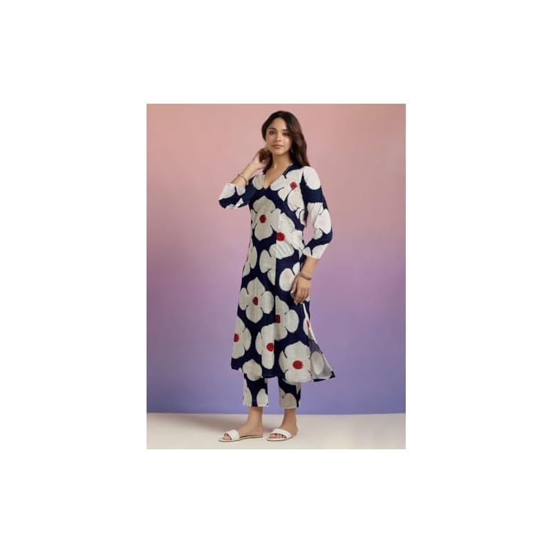 ANNI DESIGNER Women s Cotton Blend Straight Printed Kurta with Pant (Chunilal Blue_L_Blue_Large) XL синий