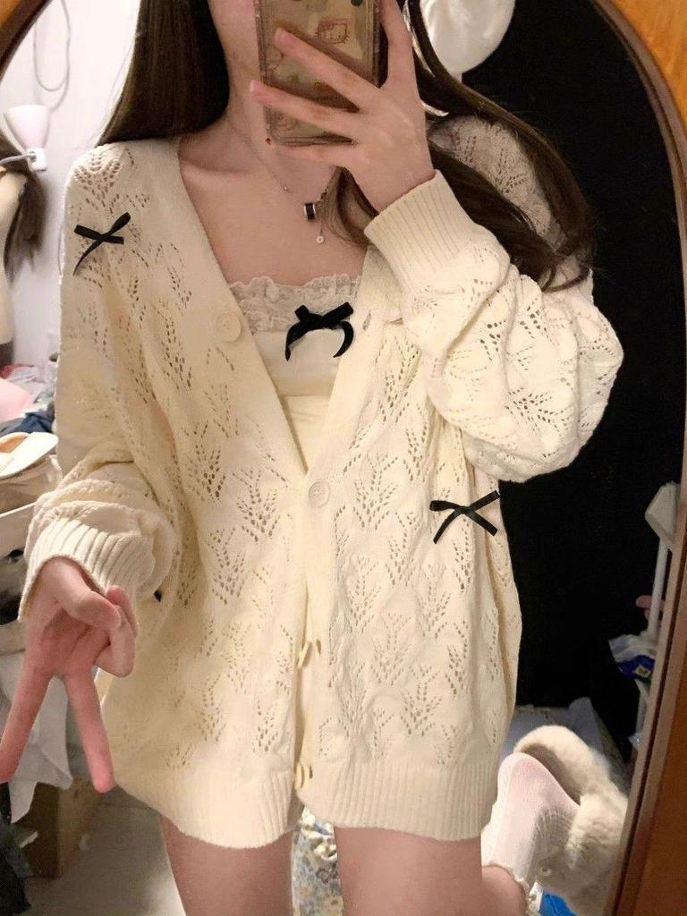 Women's Lightweight Hollow Knit Bow Cardigan Sweater