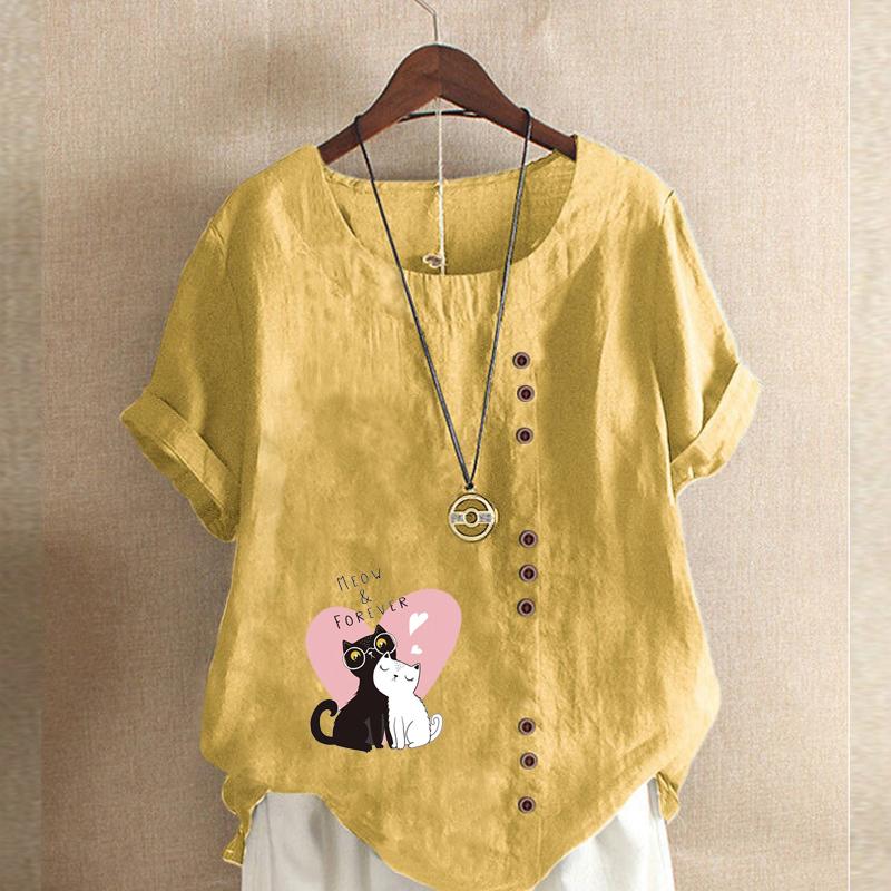 Women's Fashion Couple Cat Prined Short Sleeve T-shirt Loose Cotton Shirt Casual Loose Summer Blouse Tops Plus Size