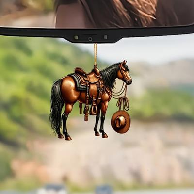 Realistischer Pferde Auto Anhänger 2D Acryl Western Cowboy Pferd Auto Charme Schlüsselanhänger Rückspiegel Dekoration Geschenk für Reitsportliebhaber