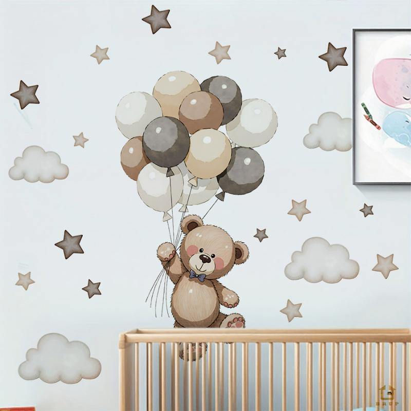 Bear Wall Decals Removable Decor With Balloons Stars & Clouds For Kids Bedroom Baby Nursery