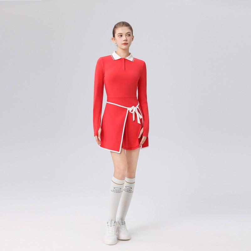 Womens Tennis Dress With Contrast Polo Collar High-Elastic Fit Built-in Shorts Breathable Knit Sport Set