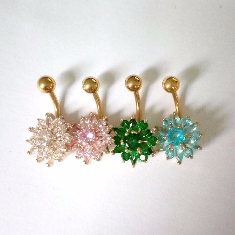 Flower Rhinestone Crystal Barbells Navel Belly Bar Button Ring Body Piercing Jewellery