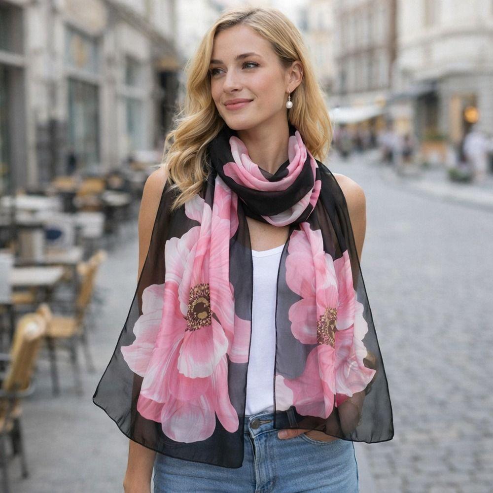 Floral Print Sunscreen Shawl Long Shawl Silk Elegant Chiffon Scarf  Women's Fashion