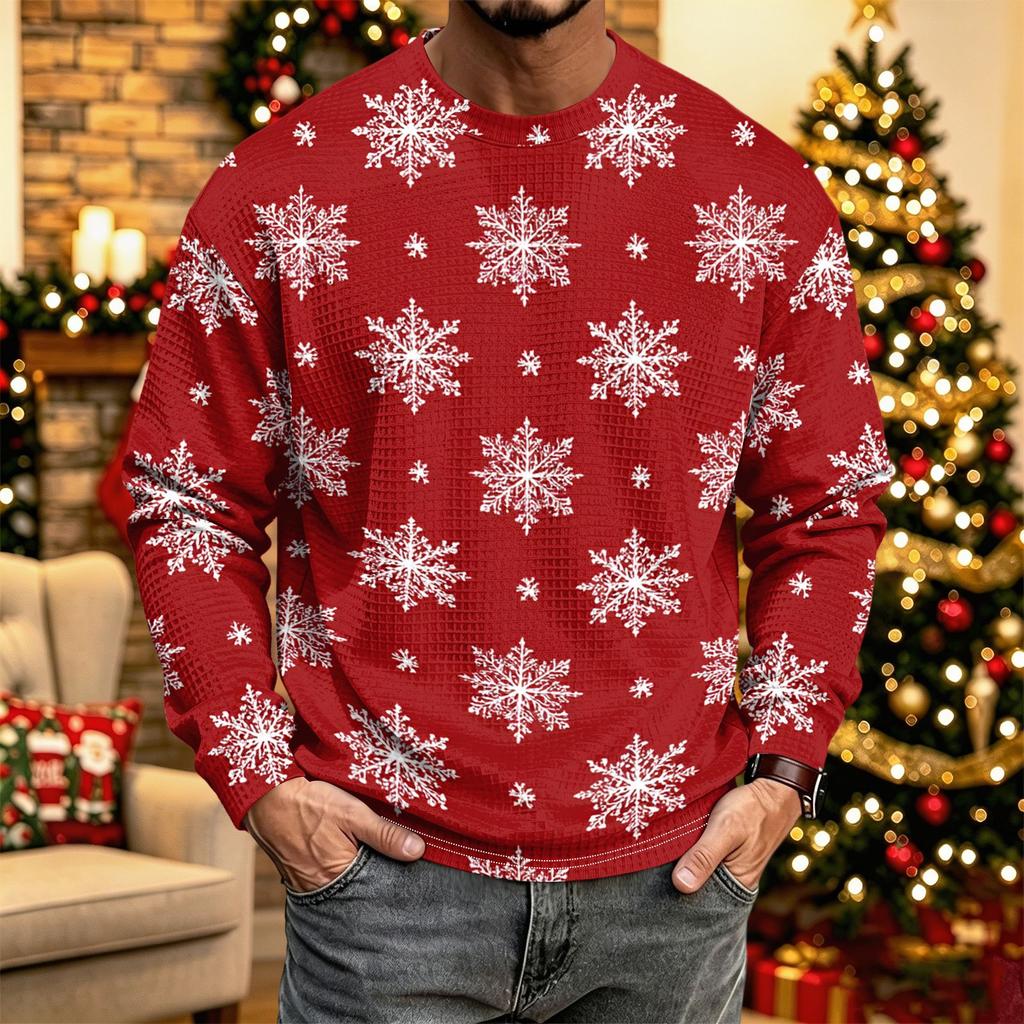 Men's Casual Knit Long Sleeve Neck Shirt with Christmas Print for Holiday Parties
