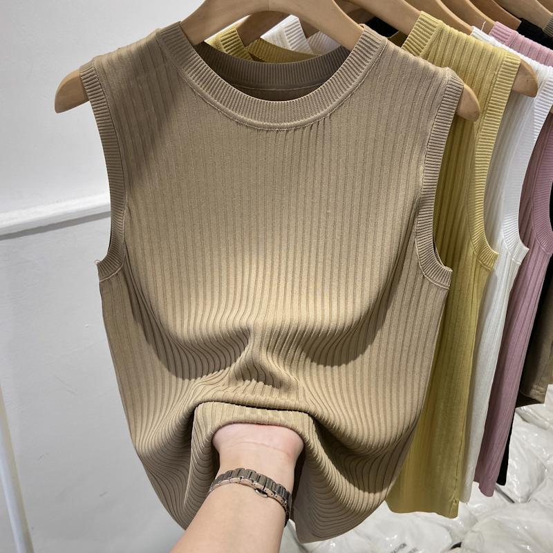 Mode 2024 Nouveaux Débardeurs Tricotés d'Été Sans Manches Femmes Col O Slim Blanc Noir Débardeurs Tricotés Femmes Tops JJ44