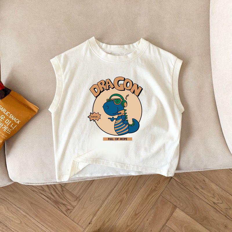 

Футболка без рукавов с изображением динозавра из чистого хлопка для детей - модная летняя коллекция для мальчиков и девочек 2024 года 100