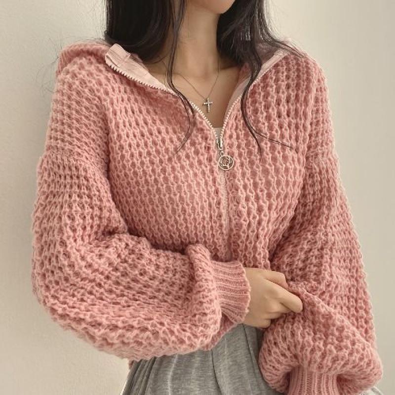 

Hooded Loose Chunky Knit Cardigan - Women s 2025 Spring/Autumn Trendy Turn-Down Collar Sweater M (suggested for 90-100 jin) рожевий