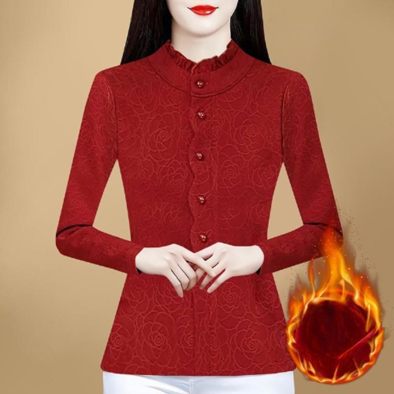 New Style Elegant Style In Winter, Wood Ears with Velvet Thickened Jacquard Top Design Sense Base Shirt for Women