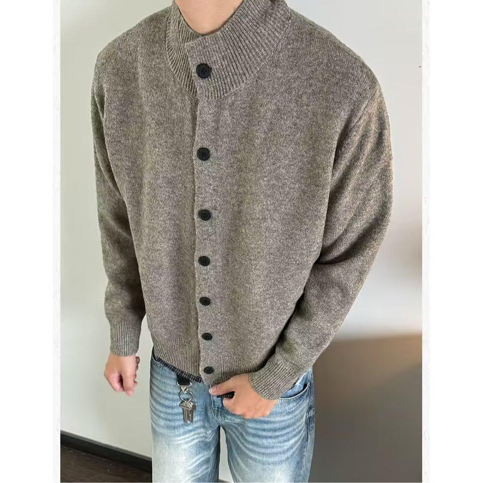 Korean Autumn and Winter Semi-turtleneck Cardigan Thermal Sweater Men's New Old Money Style Retro Versatile Casual Knitted Sweater Jacket