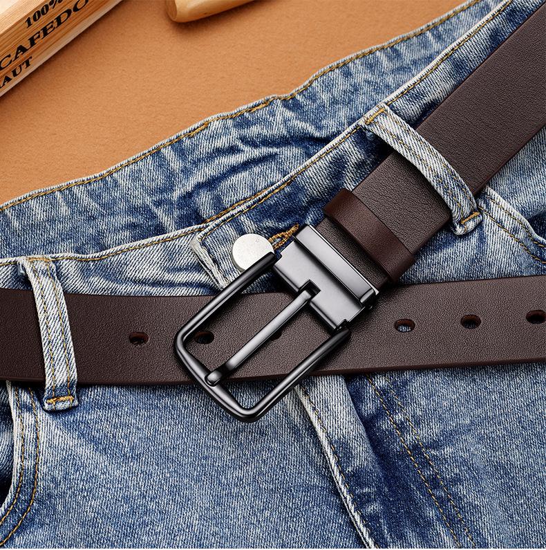 Men's Genuine Leather Minimalist Black Belt with Pin Buckle - Adjustable Fashion Trend