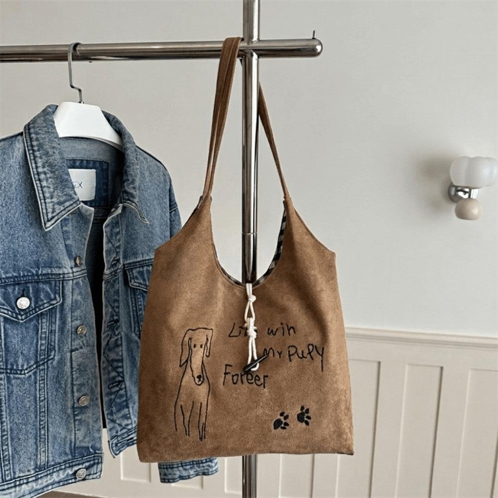 Vintage Drawstring Shoulder Bag Little Dog Handbag Fashion Puppy Paw Print Tote Bag Casual Wear