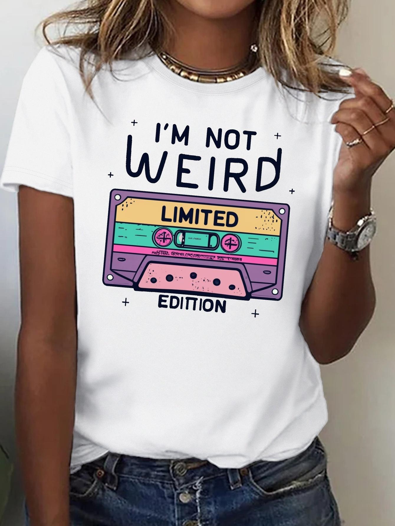 

Retro Style Im Not Weird with Phonograph Print Comfortable and Casual Round Neck Womens Summer Short Sleeved Tshirt S