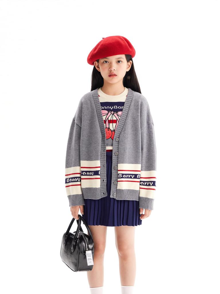 BarryBanny Long Knit Size for Elementary and Middle School Students Girls' Cardigan, Sweater, Coat, Sleeve, Outerwear, V-Neck, Gray, Warm,