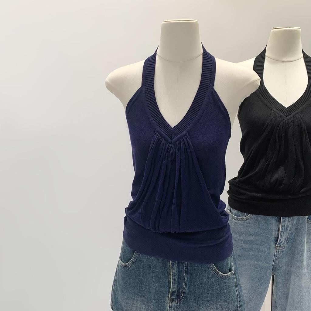 Design-Conscious Pink Pleated Halter Neck V-Neck Open-Back Slim Camisole for Women - New 2026 Summer Style