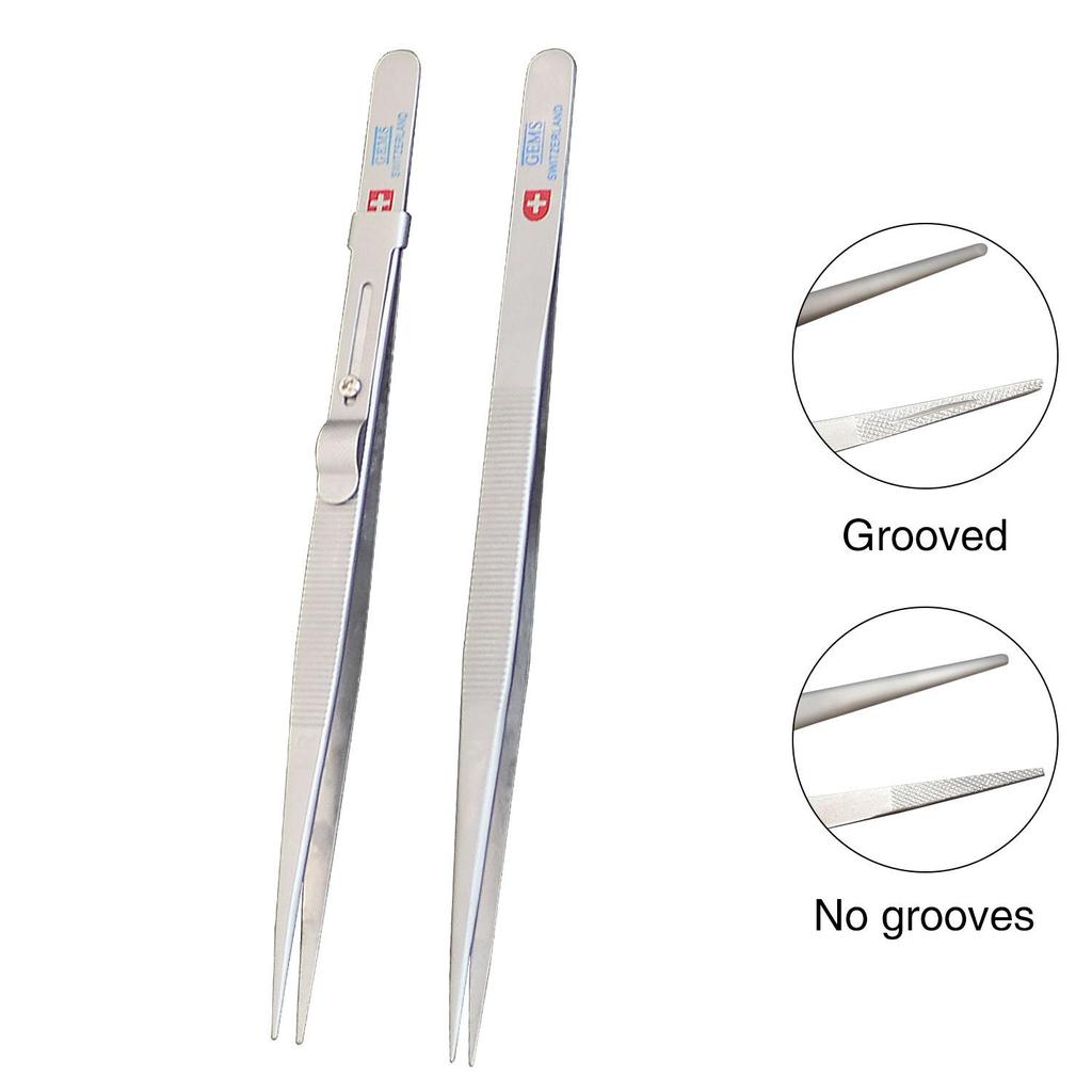 Diamond Stone Tweezers Gem and Jewelry Tweezers Stainless Steel Slide Locking Serrated Fine Pointed Tip Tweezers with Gem Slot (Straight Pointed Tip)