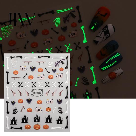 DIY Nail Art Stickers 6 Sheets Halloween Glow-in-the-dark Sticker, Spooky Ghost Pumpkin Skull Manicure Dark Theme Supplies Decal, Decoration
