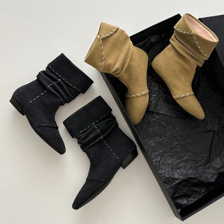 European and American new pointed cats, straps, folds, piles of short boots, flanging one pedal, large size, and more high-heeled boots