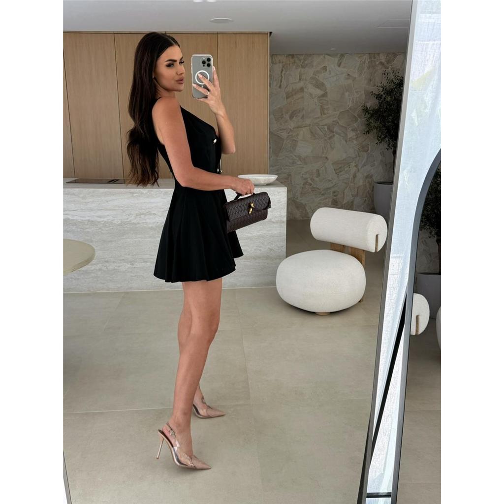 Vară Nouă Culoare Solidă Piept Dublu Gât în V Fără Mâneci Costum Rochii cu Talie pentru Femei