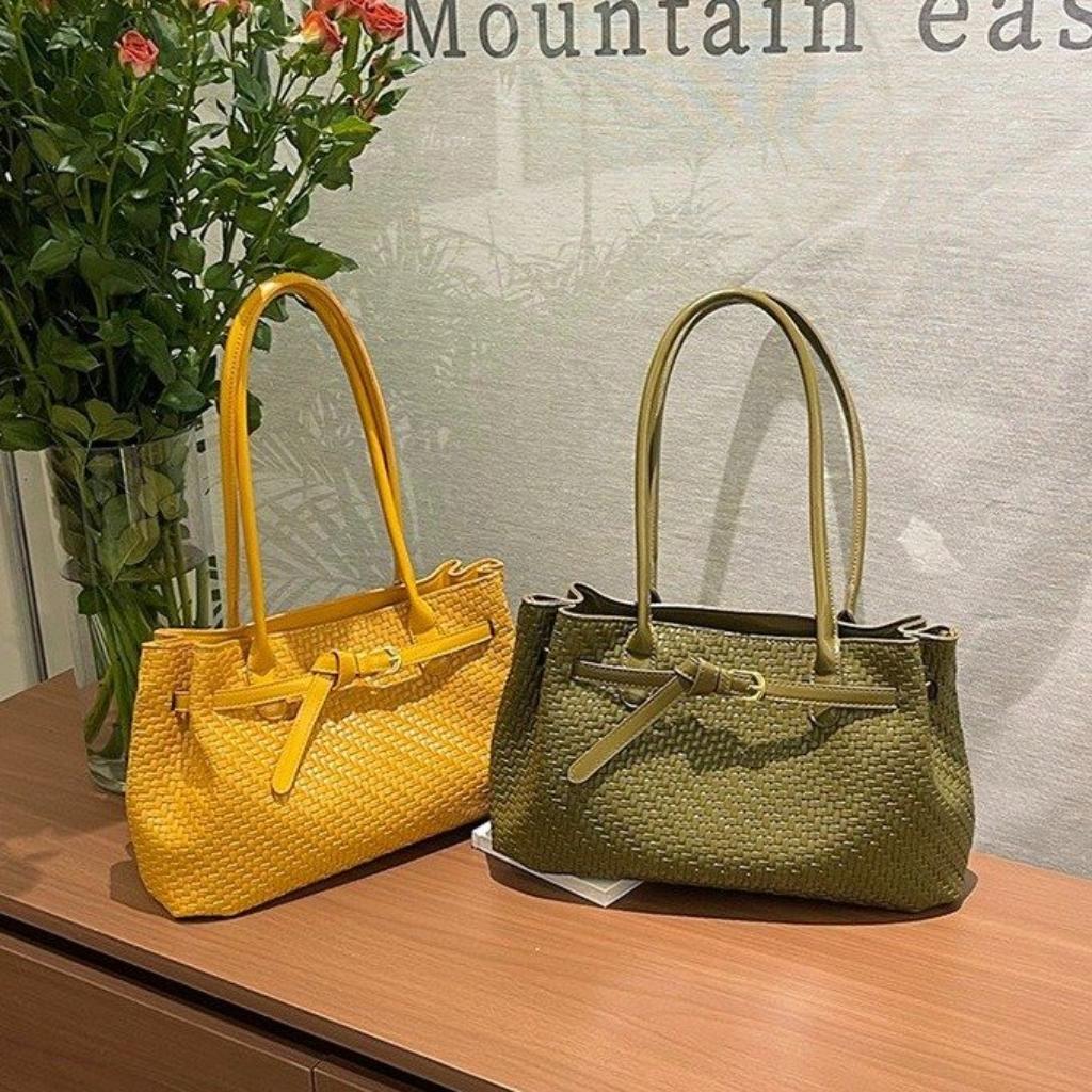 Xeie Thuk Tote Bag Women PU Woven Texture Handheld Shoulder Daily Commute