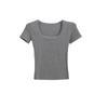 2025 Women's Gray U-Neck Slim Fit T-Shirt: Short-Sleeved, Waist-Cinching, Flattering, with Wide Neckline for Summer.
