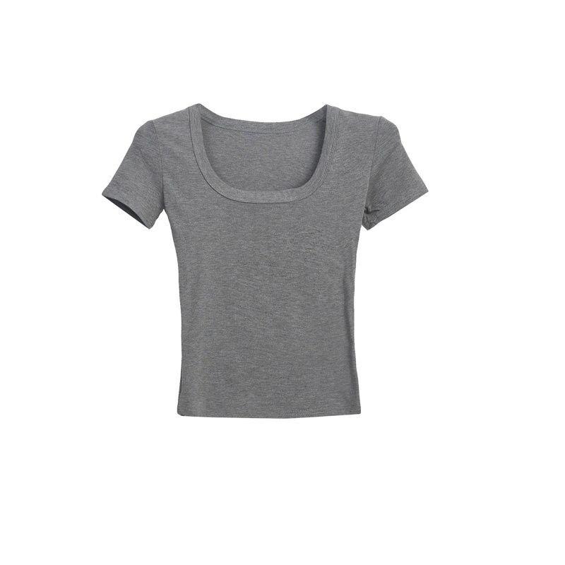 2025 Women's Gray U-Neck Slim Fit T-Shirt: Short-Sleeved, Waist-Cinching, Flattering, with Wide Neckline for Summer.