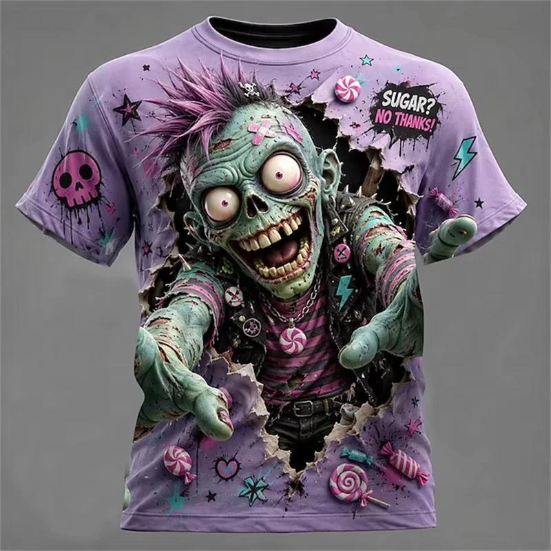 Horror Zombie Print T Shirt For Men Hip Hop Trend Harajuku Halloween Party Clothing Casual O-neck Loose Short Sleeve Tees